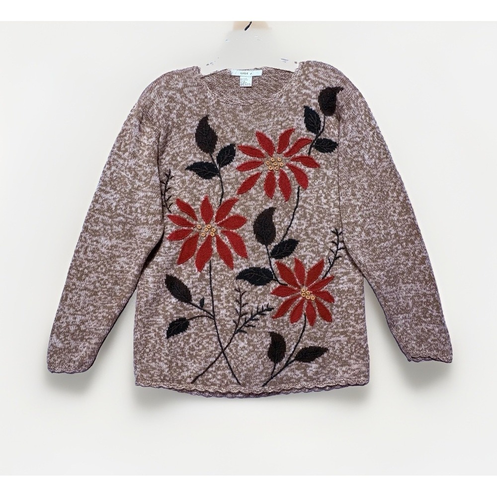 VTG 90s Lise J Womens M Floral Applique Sweater Poinsettia Cottagecore